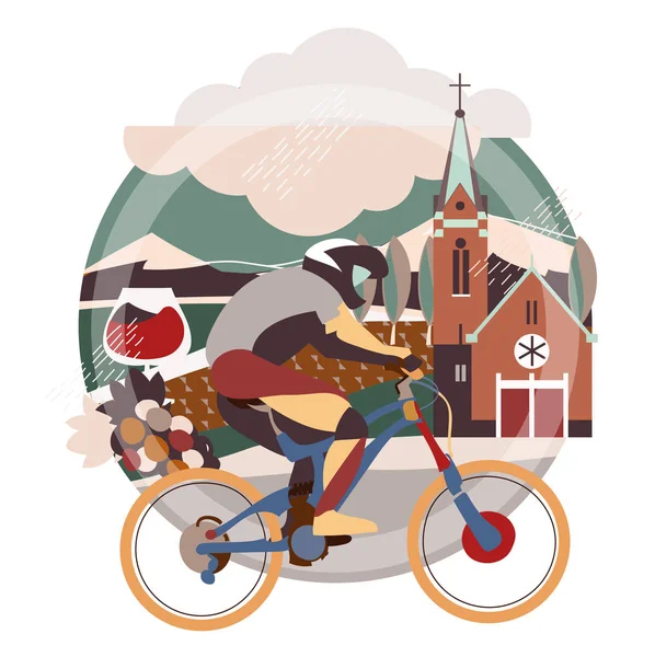 Flat illustration of downhill bicycle in europe town . — Stock Vector