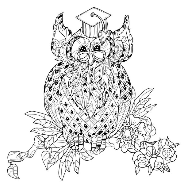 Old Owl on tree branch - hand drawn doodle vector