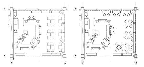 Símbolos de móveis de café padrão em planos de chão — Vetor de Stock