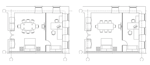 Símbolos de mobiliário de escritório padrão em planos de chão — Vetor de Stock
