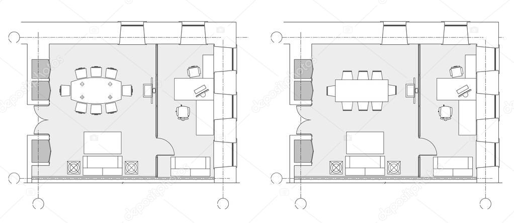 Standard office furniture symbols on floor plans