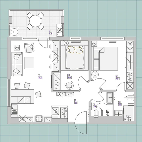 Fondo arquitectónico. Ilustración vectorial Eps10 Plan de vista superior de diseño de habitación plana . — Vector de stock