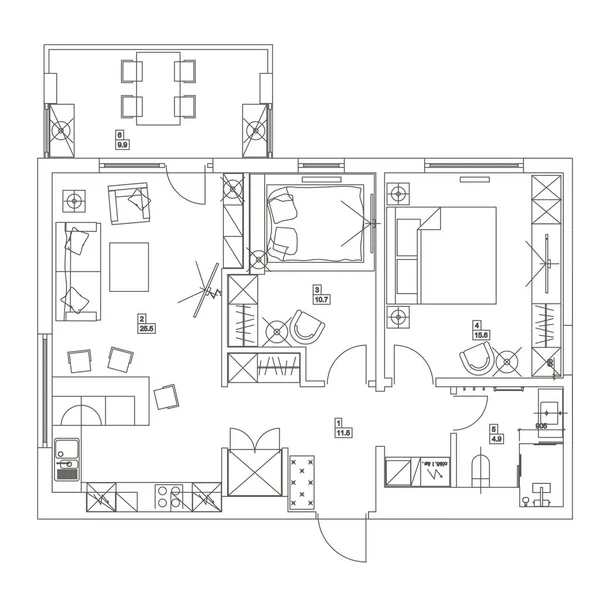 Architectonische achtergrond. Eps10 vector illustratie Platte kamer ontwerp bovenaanzicht plan. — Stockvector