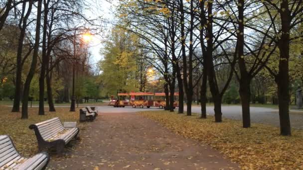 Скамейки, много деревьев, туристический поезд в парке — стоковое видео