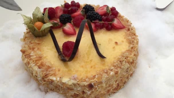 Kue yang indah dengan berry dipotong dengan pisau — Stok Video