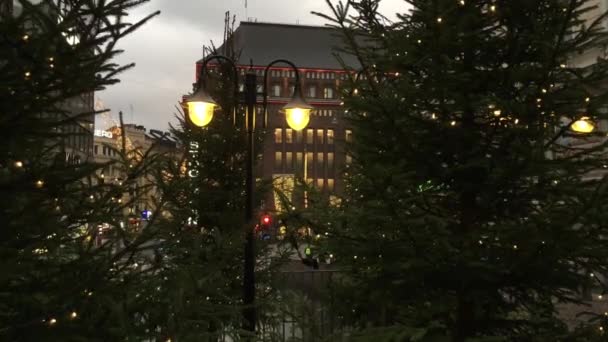 핀란드의 헬싱키 2017 자연의 크리스마스 건물이 Stockman에 전구를 플래쉬 — 비디오