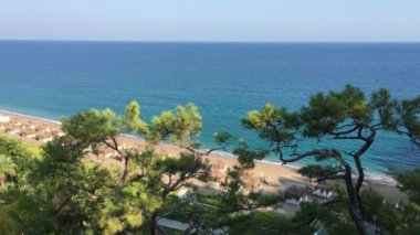 yükseklikten deniz manzarası, turkuaz deniz suyu, ışık dalgası, geniş kumlu sahil, plajın önündeki yüksek çam ağaçları, yaz, tatil