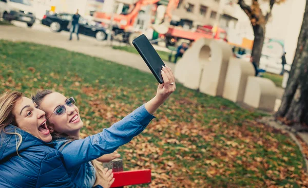 Dwóch przyjaciół piękne śmieszne selfie na tablecie — Zdjęcie stockowe