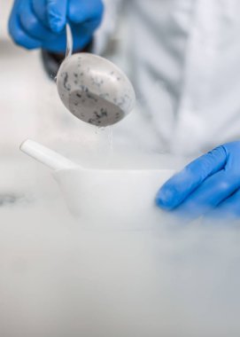 Laboratuvar teknisyeni sıvı nitroge bir deneme gerçekleştirir
