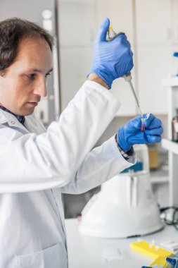 Bilim adamı laboratuvarda test tüpleri pipet ile doldurma