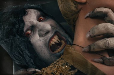 Korkutucu vampir şeytan ısırma genç kadın. Ortaçağ Gotik nightmar