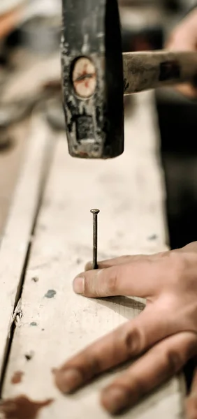 Carpinteiro usando martelo para o seu trabalho na oficina de carpintaria — Fotografia de Stock