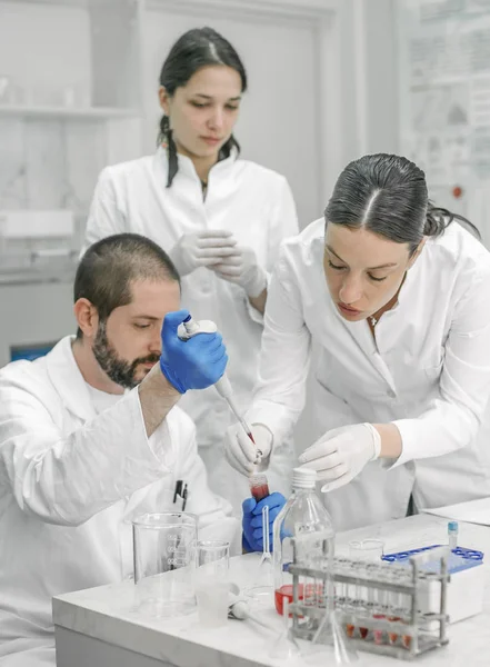 Grupo de cientistas que trabalham com amostras de tubos de ensaio líquidos — Fotografia de Stock