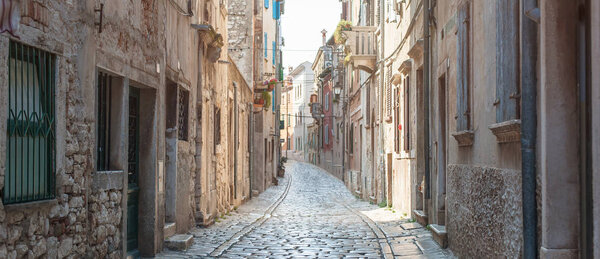 Coastal old town small narrow street. Rovinj, Istria, Croatia