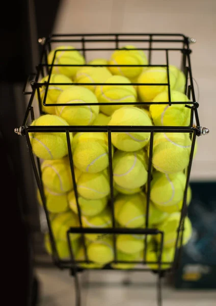 Große Anzahl an gelben Tennisbällen im Korb — Stockfoto