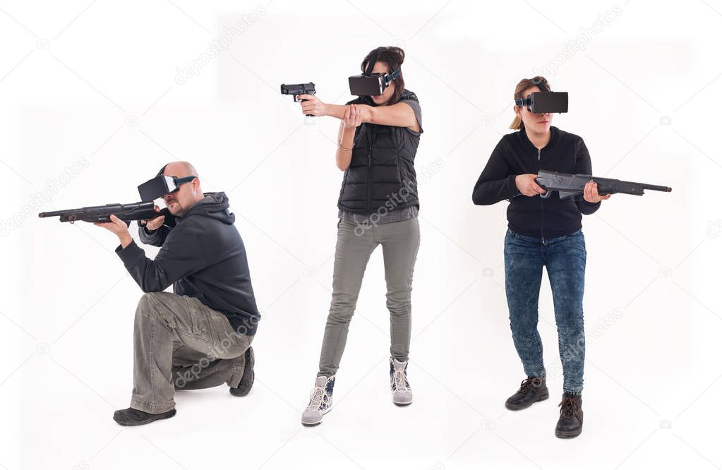 Group of people having fun with virtual reality glasses