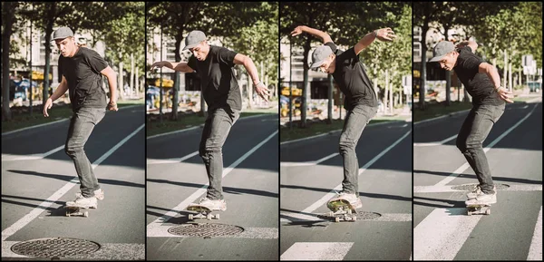 Mannloch Skateboarding Street Jump Sequenz. Trittbrettfahrer-Schule — Stockfoto
