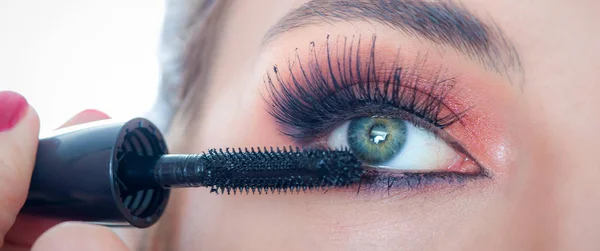 化妆专业艺术家在e型睫毛上涂睫毛膏 — 图库照片