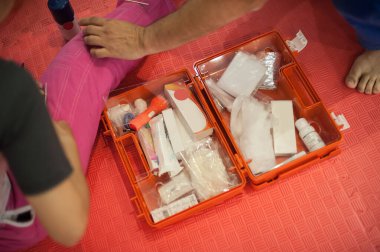 Temel kesikleri, yanıkları ve diğer yaraları onarmak için gerekli olan ilk yardım çantası.