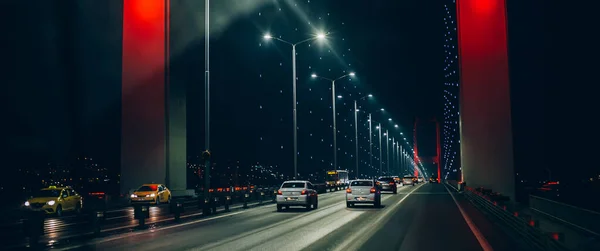 First Person Abstract View Night Traffic Bosphorus Bridge Istanbul Connecting — Stock Photo, Image
