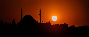 Günbatımında ve alacakaranlıkta büyük bir güneş ve sürü kuşuyla antik İslam camiinin panoramik silueti. Ruh, din ve inanç kavramı. Türkiye, İstanbul