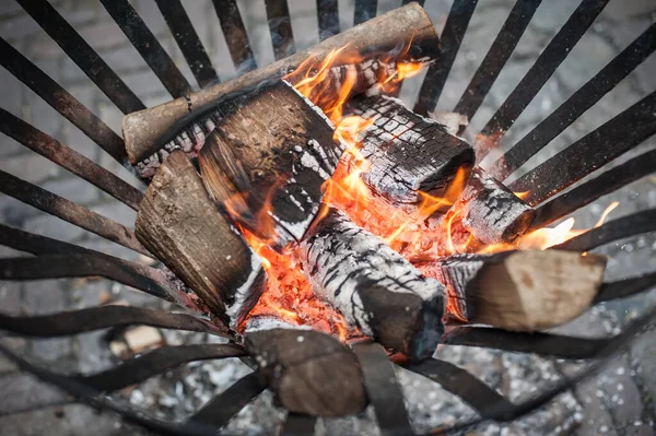 Close Detail View Burning Wood Burns Flame Fire Metal Fireplace — Stock Photo, Image