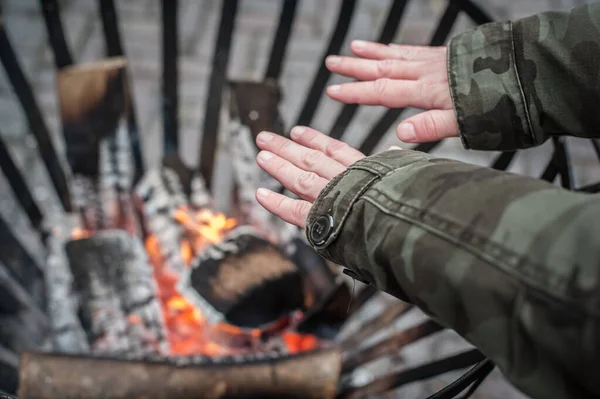 Close Detail Top View Woman Warming His Hands Hot Fire — Stock Photo, Image