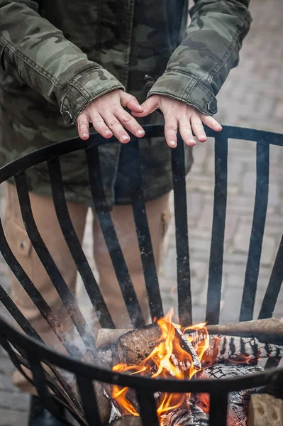 Close Detail Top View Woman Warming His Hands Hot Fire — Stock Photo, Image