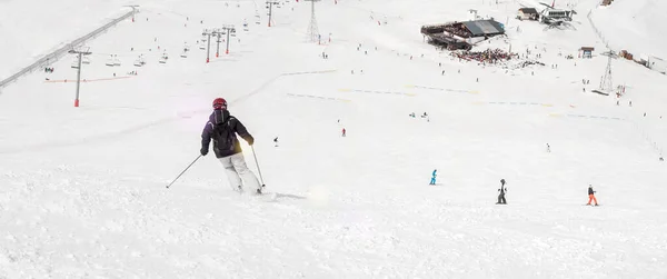 Vrouwelijke Skiër Rolt Rijdt Berghelling Winterseizoen Sport Recreatie Reisconcept Achteraanzicht — Stockfoto