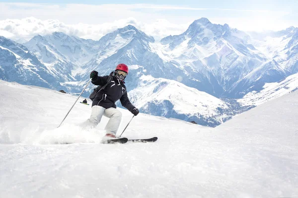 Vrouwelijke Freerider Skiër Rolt Rijdt Piste Met Poeder Sneeuw Sproeien — Stockfoto