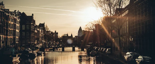 Canals of Amsterdam. Romantic backlight cityscape city view of Amsterdam street, road and buildings with sunset or sunrise. Sun ray of light