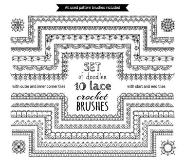 set of lace crochet seamless brushes. clipart