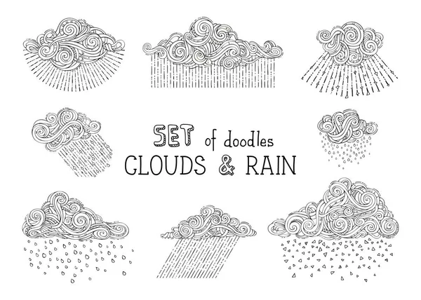 Ensemble de nuages et de gouttes de pluie . — Image vectorielle