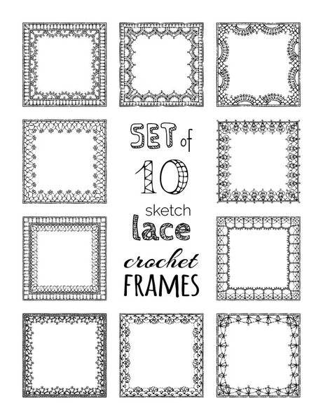 Vector set of 10 lace crochet square frames. — Stock Vector