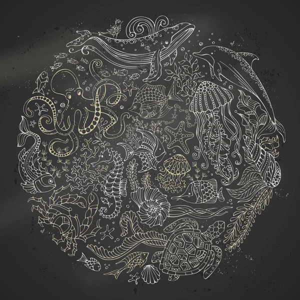 Ensemble de vecteurs de cercle d'animaux de mer craie sur fond de tableau noir . — Image vectorielle