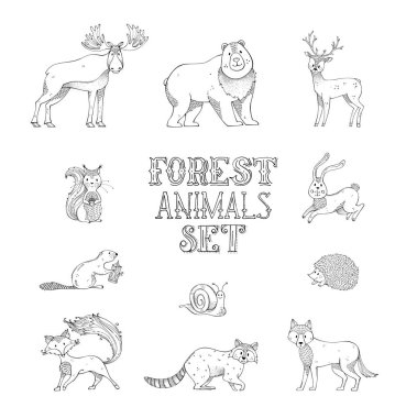 vahşi orman hayvanları karalamalar kümesi.