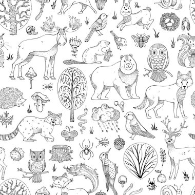 Doodles'ın ormanlık seamless modeli.