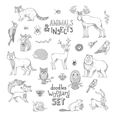 Hayvan ve böceklerin karalamalar ormanlık kümesi.