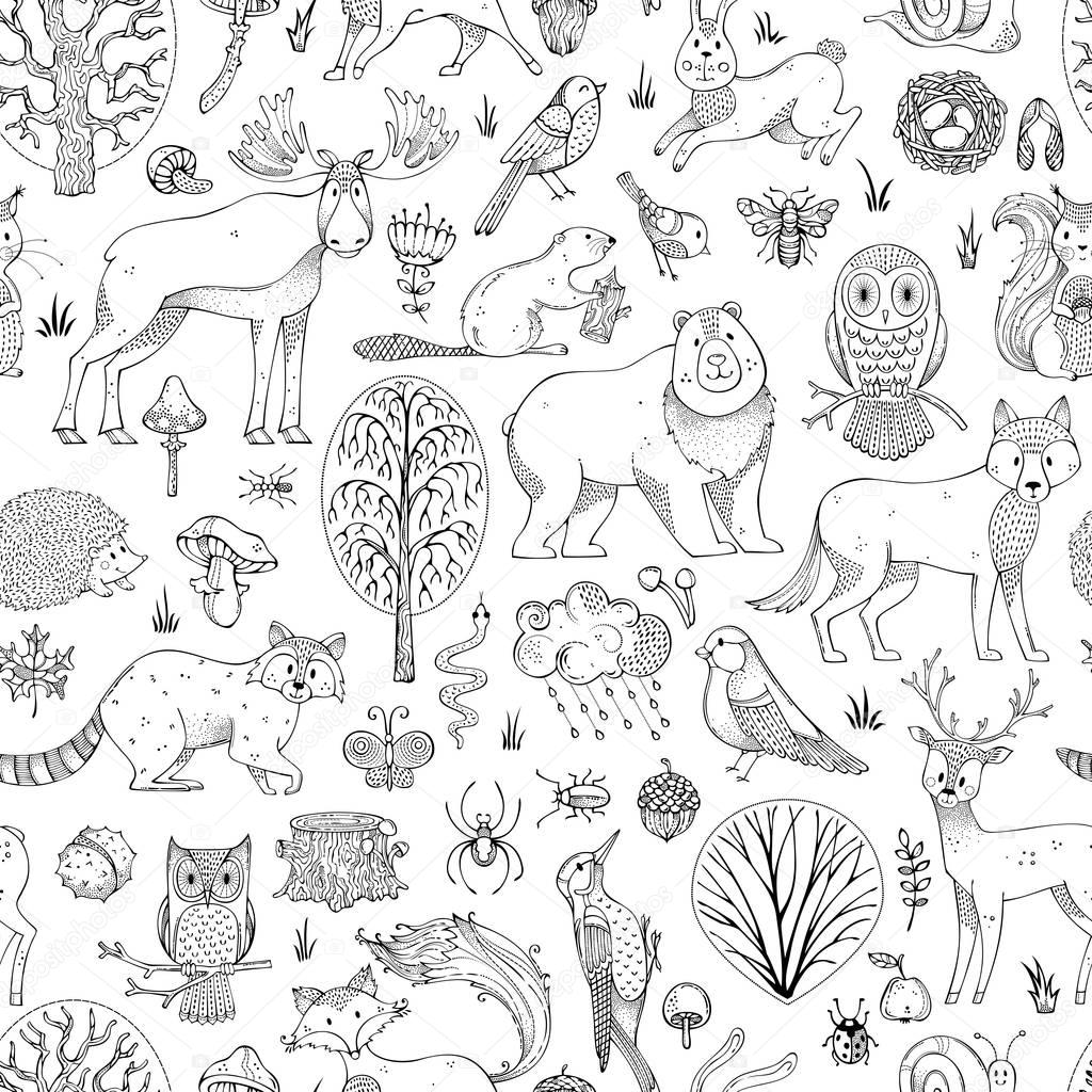 doodles woodland seamless pattern.