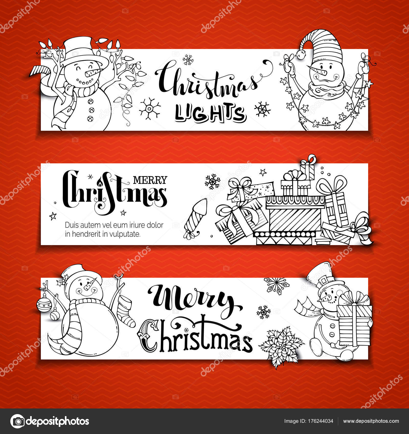 Cute hand drawn snowmen with Christmas lights baubles and sock t boxes snowflakes and stars Black and white backgrounds Copy space for text