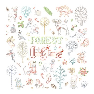 doodles forest Christmas set. clipart