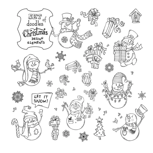 Conjunto de bonitos bonecos de neve doodles . — Vetor de Stock