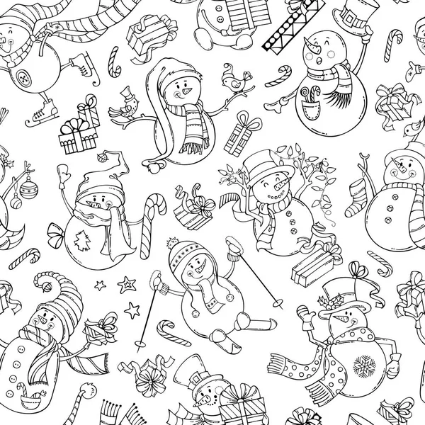 Seamless pattern of doodles snowmen. — Stock Vector