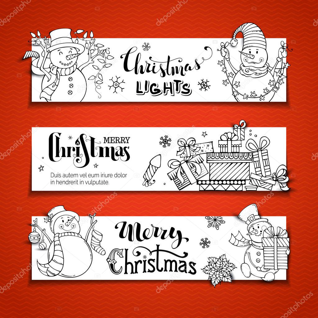set of doodles horizontal Christmas banners.