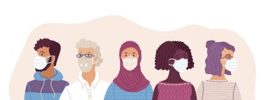 Kadınlar ve erkekler güvenli nefes alma maskeleri takıyor. Solunum cihazları ve tıbbi maskeler. Hastalık, grip, koronavirüs COVID-19, hava kirliliği, alerji, toz. Vektör düz portreler.