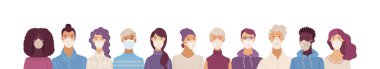 Kadınlar ve erkekler güvenli nefes alma maskeleri takıyor. Solunum cihazları ve tıbbi maskeler. Hastalık, grip, koronavirüs COVID-19, hava kirliliği, alerji, toz. Vektör düz portreler.