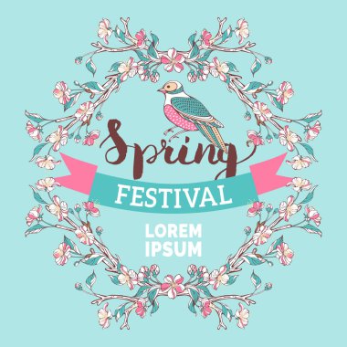 Mavi arka plandaki ağaç dallarında pembe ve beyaz çiçekler. El yazısıyla yazılmış fırça harfleri.