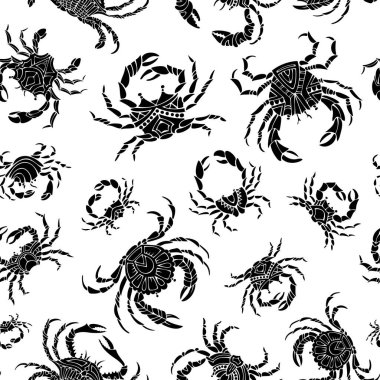 Beyaz arka planda çeşitli siyah yengeç siluetleri. Tasarımınız için sınırsız duotone arkaplanı.