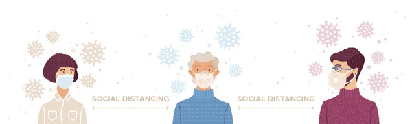 Koronavirüs Salgını Sırasında Sosyal Mesafeler Güvenli Nefes Alma Maskesi Takan — Stok Vektör