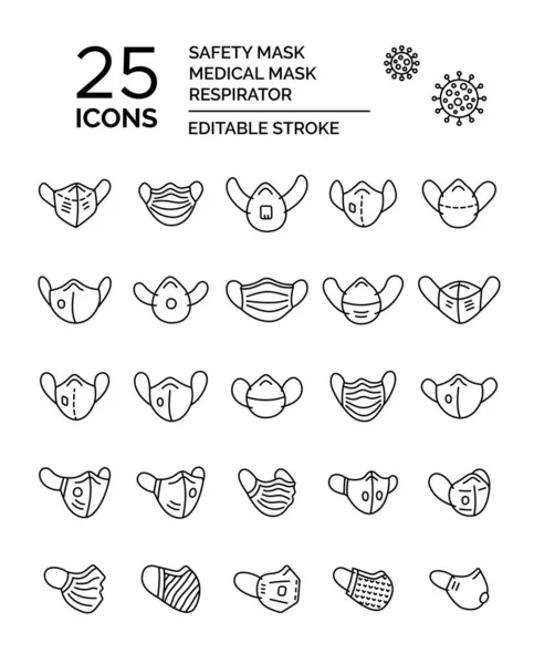 医療用マスク 安全N95マスク およびマスク インフルエンザ 大気汚染 ほこりを防ぐためのマスクのセット ベクトル線型アイコンセット 編集可能なストローク — ストックベクタ